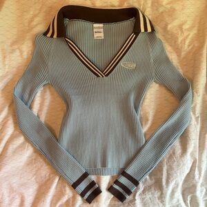 Urban Outfitters Iets Frans Blue and Brown V-Neck Sweater